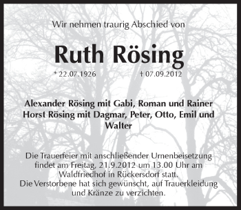 Traueranzeige von Ruth Rösing von Pegnitz-Zeitung